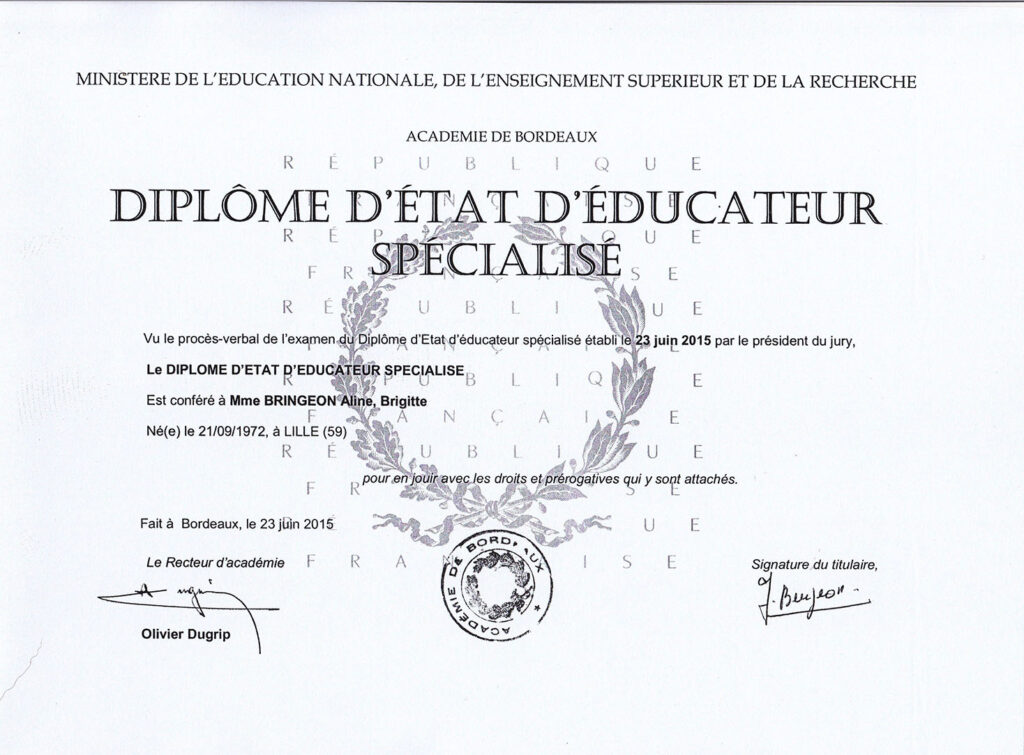 Diplôme Aline Bringeon Éducateur spécialisée